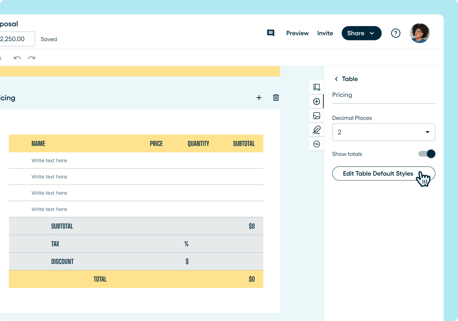 Opening the style options for a Proposify pricing table.